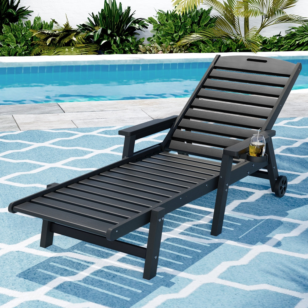 Sun Lounge Lounger Beach Chair HDPE Patio Outdoor Furniture with Wheels Black