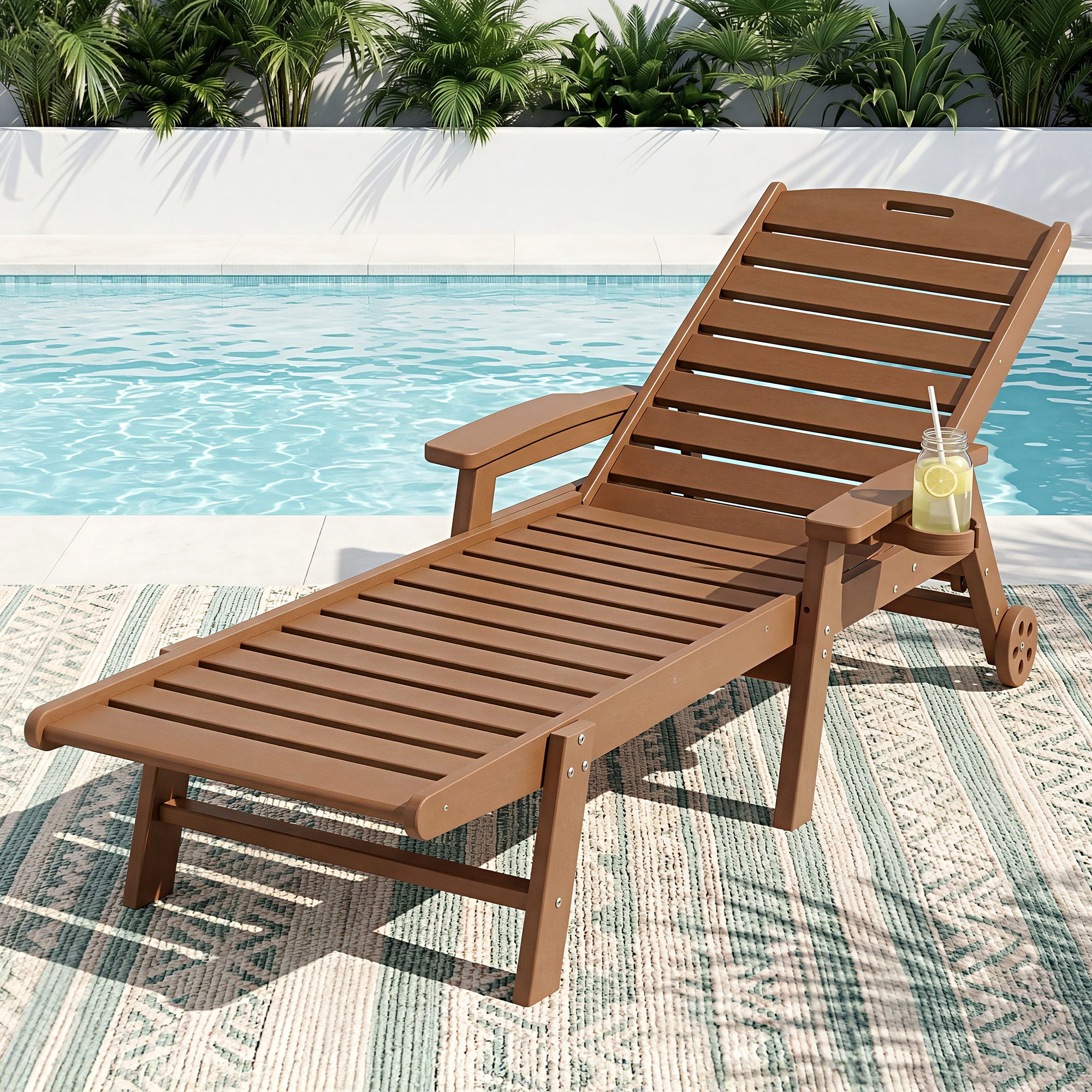 Sun Lounge Lounger 4-Position Adjustable Beach Chair with Wheels - Brown
