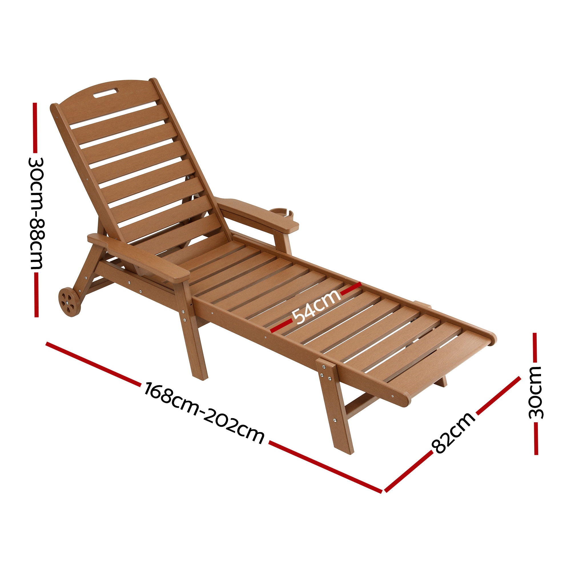 Sun Lounge Lounger 4-Position Adjustable Beach Chair with Wheels - Brown