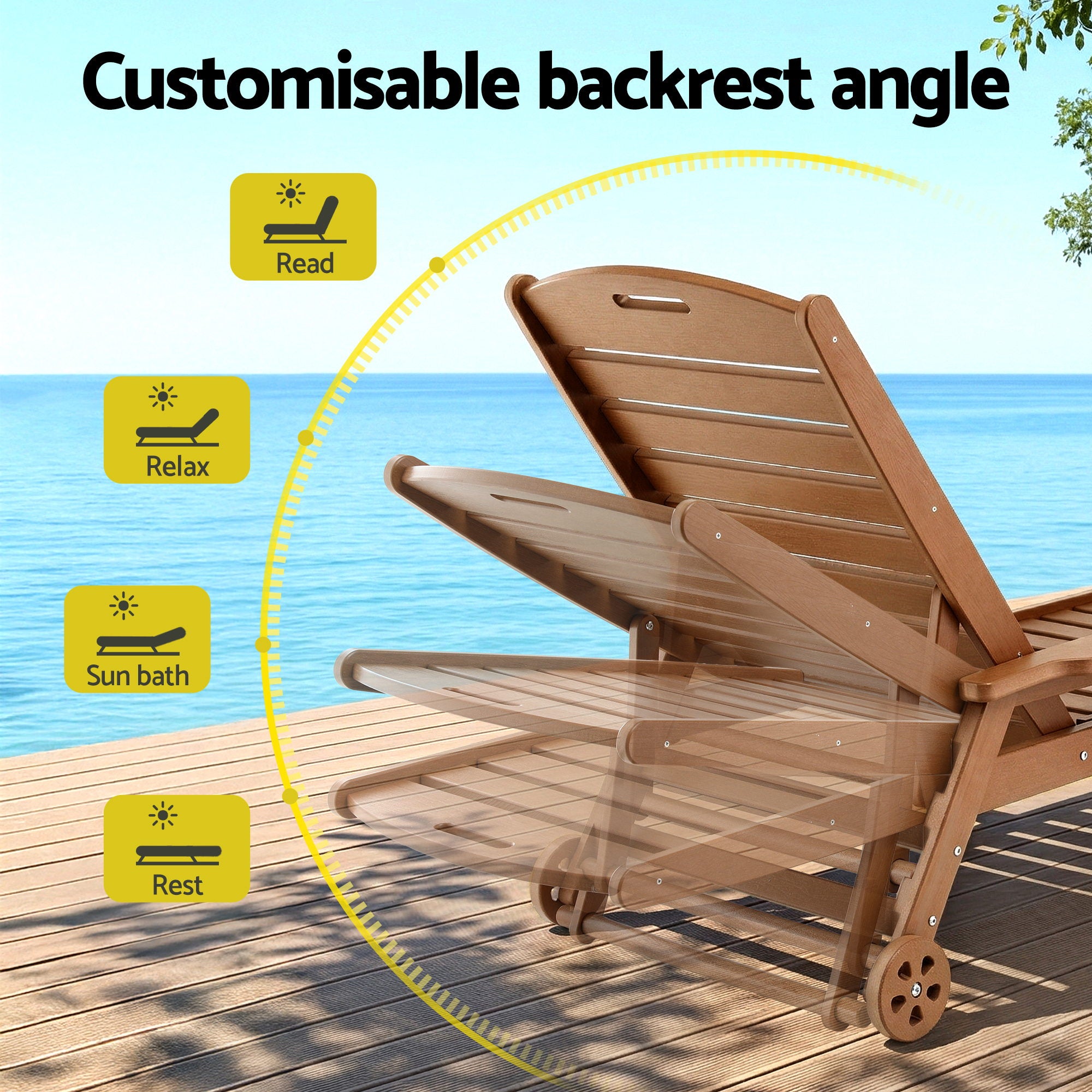 Sun Lounge Lounger 4-Position Adjustable Beach Chair with Wheels - Brown
