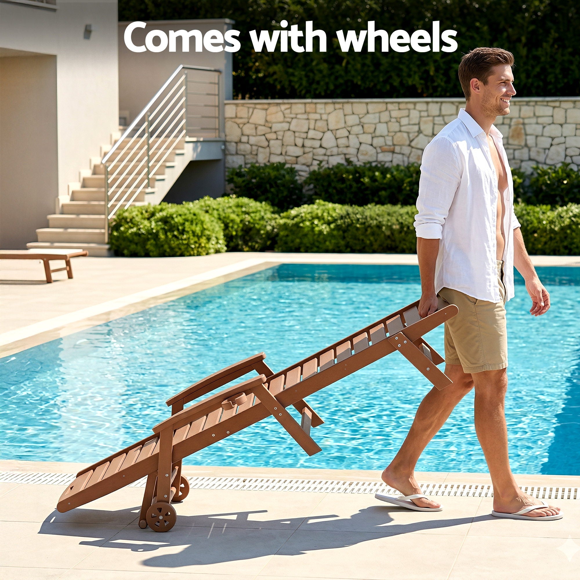 Sun Lounge Lounger 4-Position Adjustable Beach Chair with Wheels - Brown
