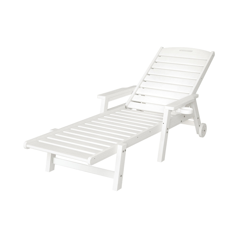 Sun Lounge Lounger Beach Chair HDPE Patio Outdoor Furniture with Wheels White