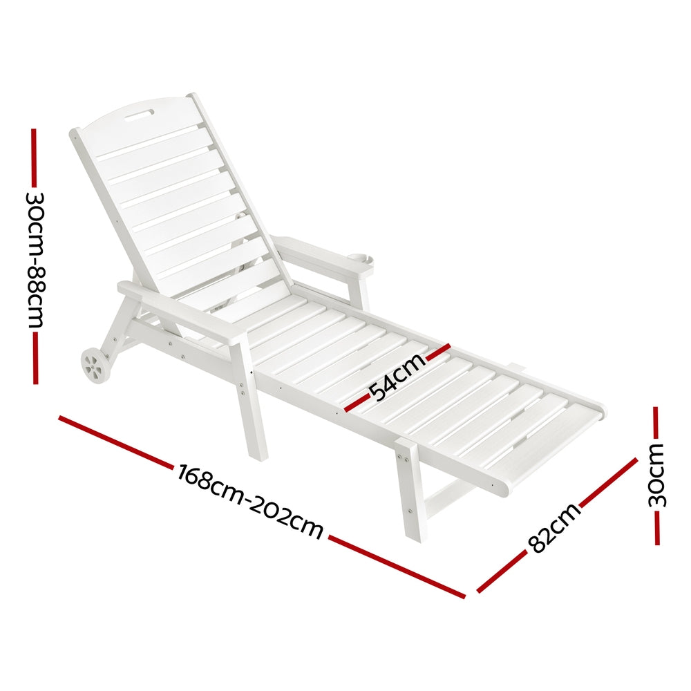 Sun Lounge Lounger Beach Chair HDPE Patio Outdoor Furniture with Wheels White
