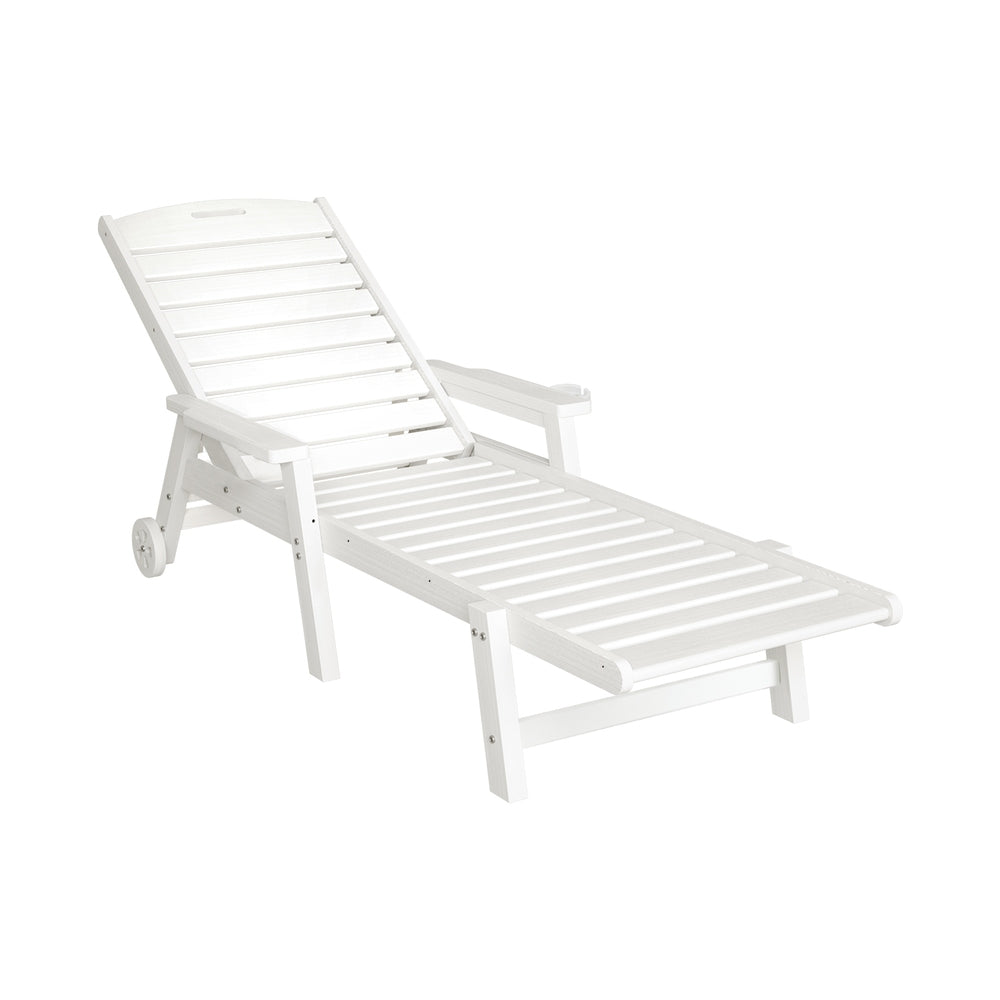 Sun Lounge Lounger Beach Chair HDPE Patio Outdoor Furniture with Wheels White