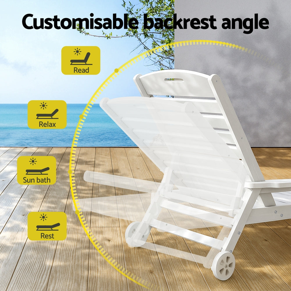Sun Lounge Lounger Beach Chair HDPE Patio Outdoor Furniture with Wheels White