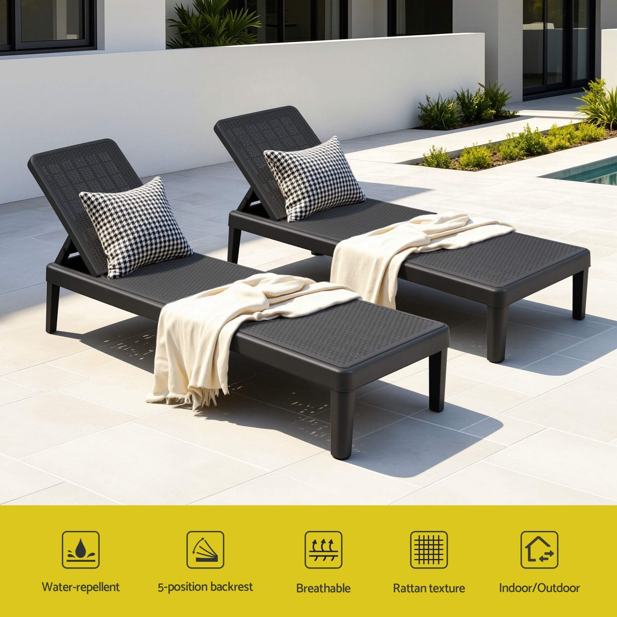 Sun Lounge Adjustable Lounger Patio Outdoor Furniture Lightweight Black