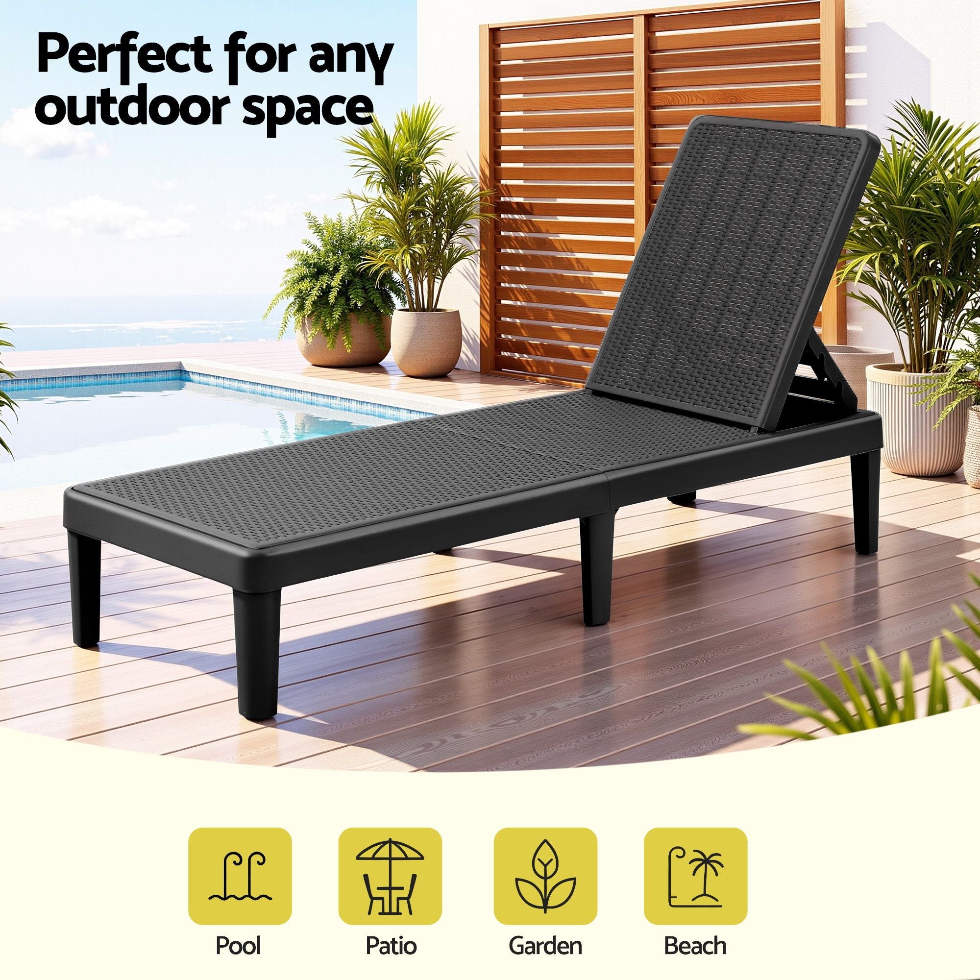 Sun Lounge Adjustable Lounger Patio Outdoor Furniture Lightweight Black