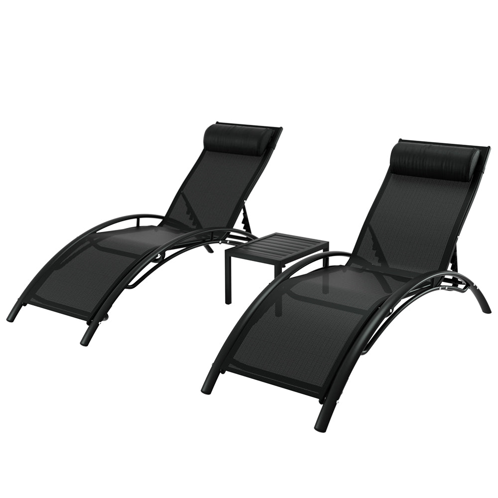 3PC Outdoor Sun Lounge Set with Steel Table and Chairs Patio Furniture - Black