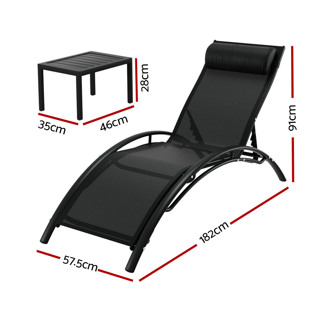 3PC Outdoor Sun Lounge Set with Steel Table and Chairs Patio Furniture - Black
