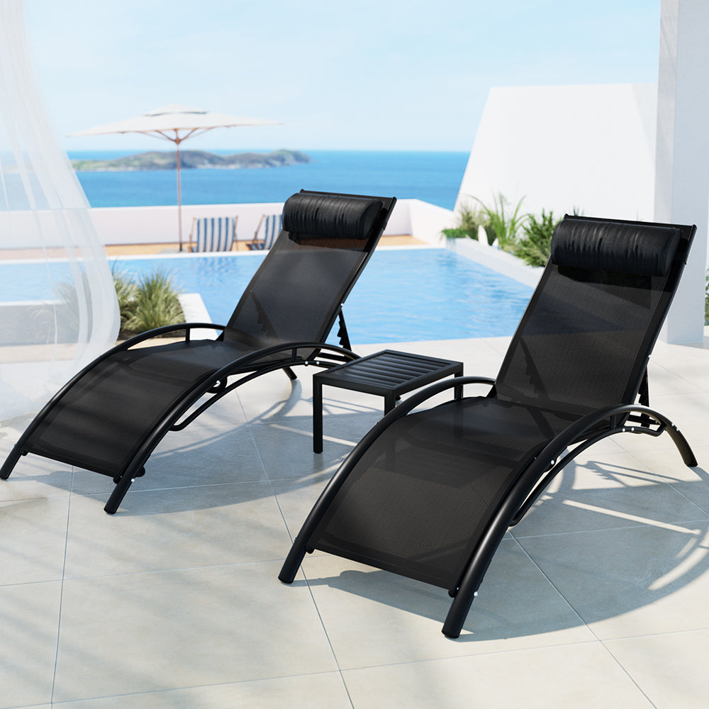 3PC Outdoor Sun Lounge Set with Steel Table and Chairs Patio Furniture - Black