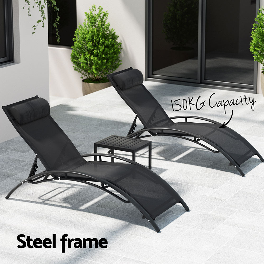 3PC Outdoor Sun Lounge Set with Steel Table and Chairs Patio Furniture - Black