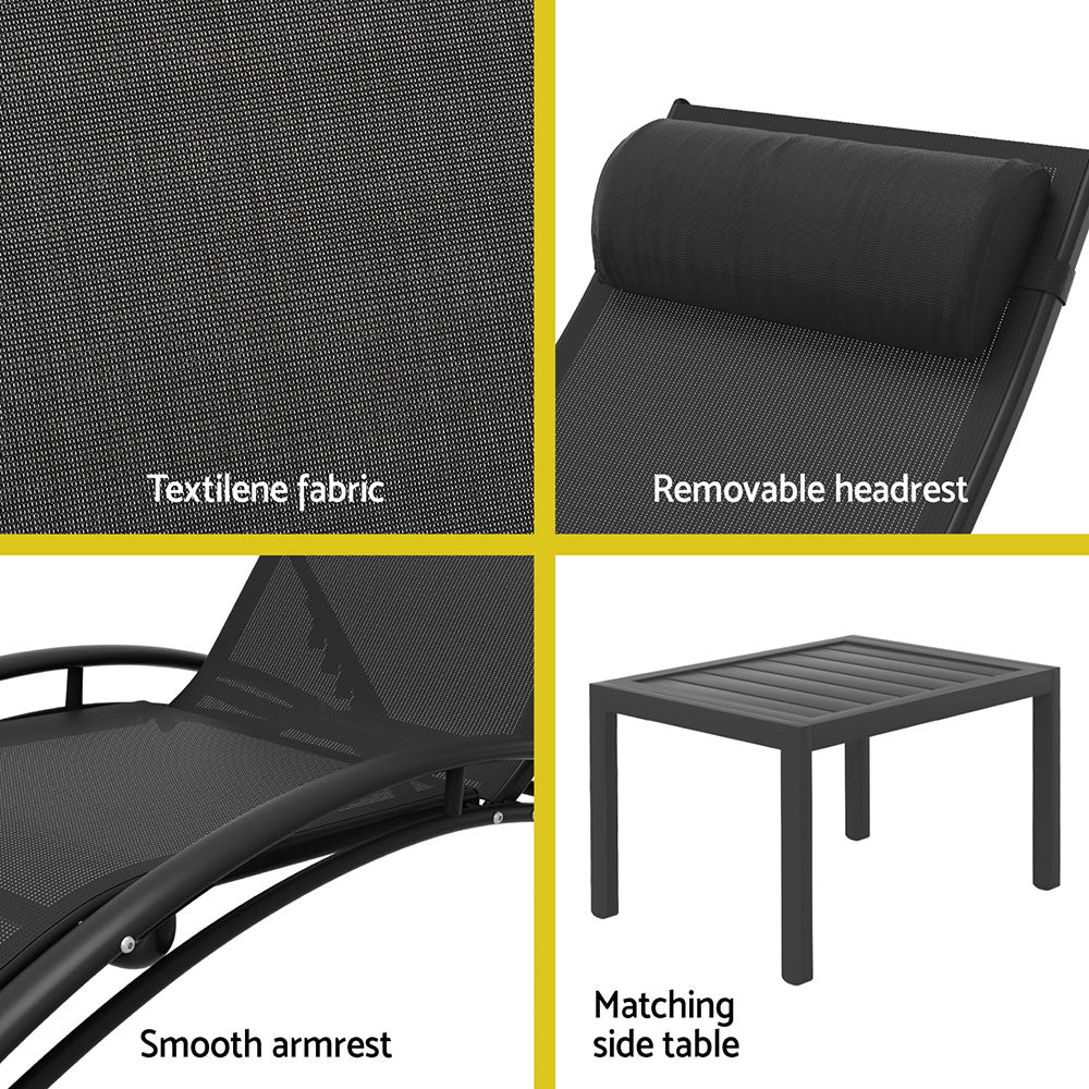 3PC Outdoor Sun Lounge Set with Steel Table and Chairs Patio Furniture - Black