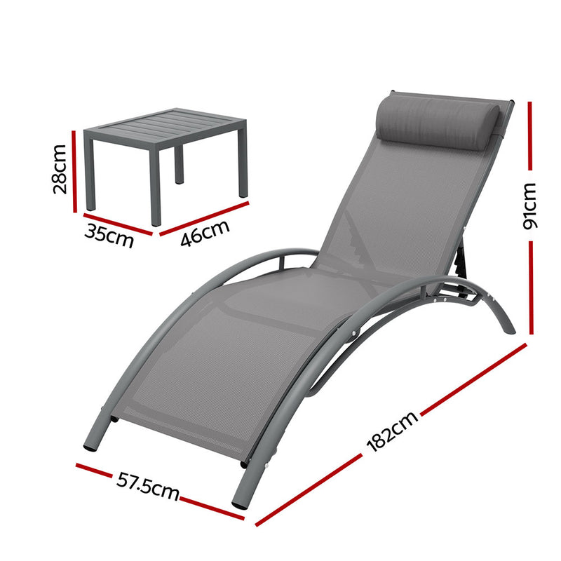 3PC Sun Lounge Outdoor Lounger Steel Table Chairs Patio Furniture Grey