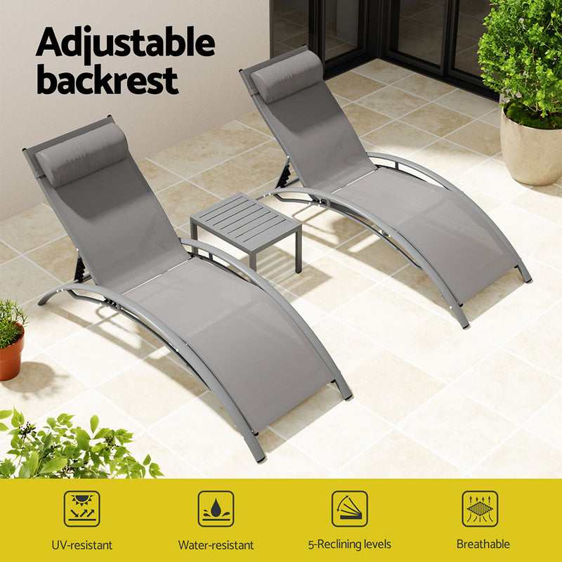 3PC Sun Lounge Outdoor Lounger Steel Table Chairs Patio Furniture Grey