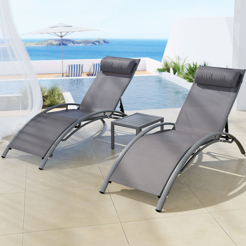 3PC Sun Lounge Outdoor Lounger Steel Table Chairs Patio Furniture Grey