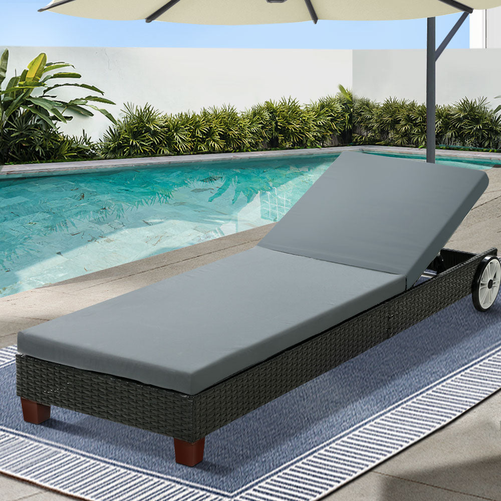 Sun Lounge Wicker Lounger Outdoor Furniture Day Bed Wheels Patio Black