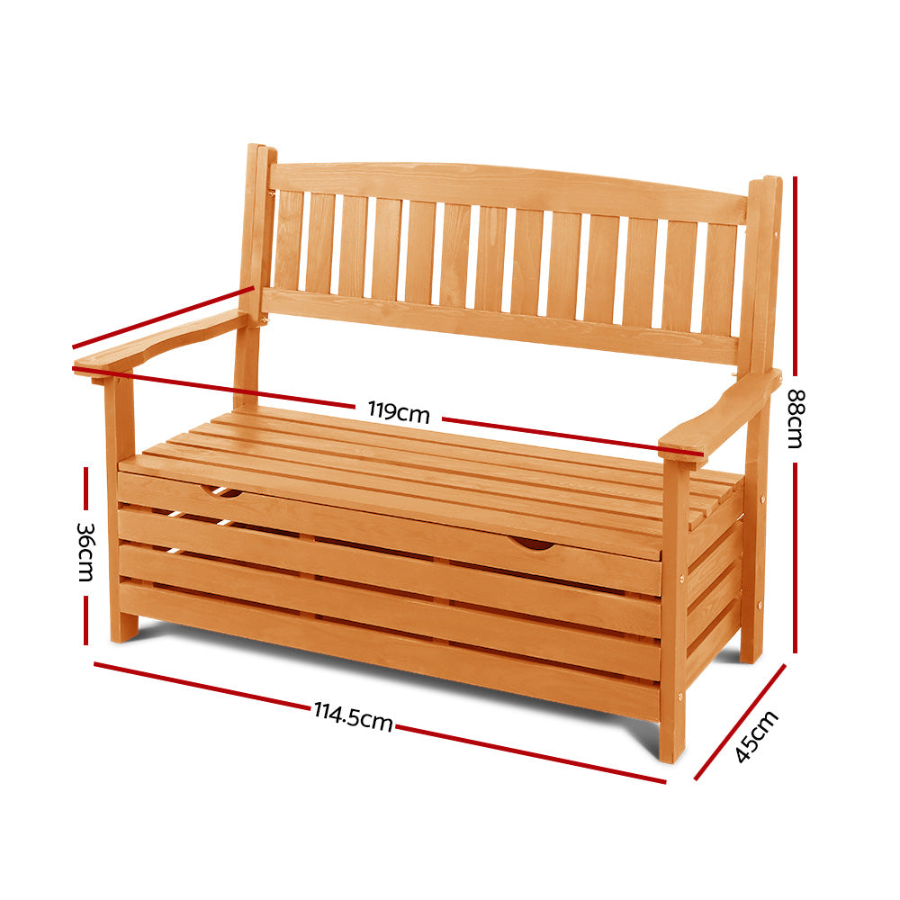 2 Seat Outdoor Wooden Storage Bench with Backrest - Natural Wood