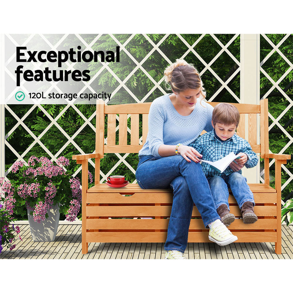 2 Seat Outdoor Wooden Storage Bench with Backrest - Natural Wood