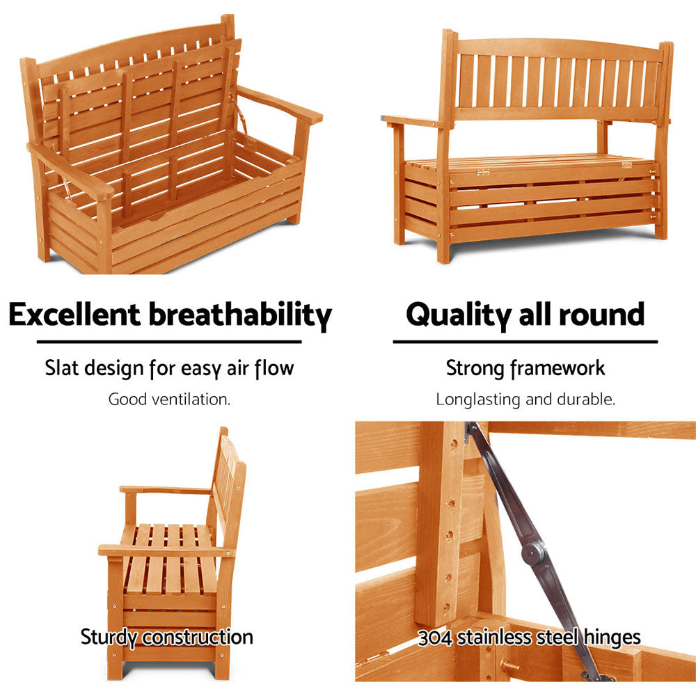 2 Seat Outdoor Wooden Storage Bench with Backrest - Natural Wood