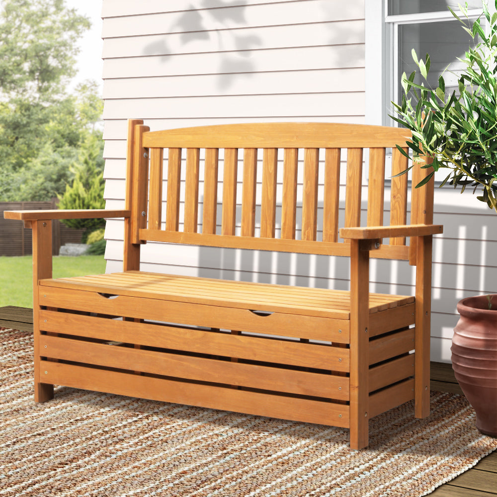 2 Seat Outdoor Wooden Storage Bench with Backrest - Natural Wood