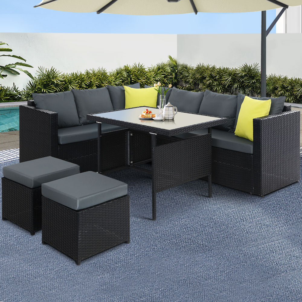 Outdoor Aluminum Dining Table and Wicker Chairs Set - Black