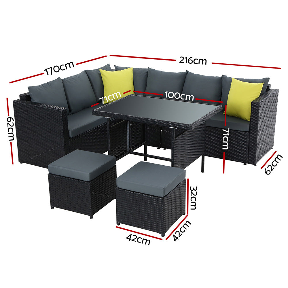 Outdoor Aluminum Dining Table and Wicker Chairs Set - Black
