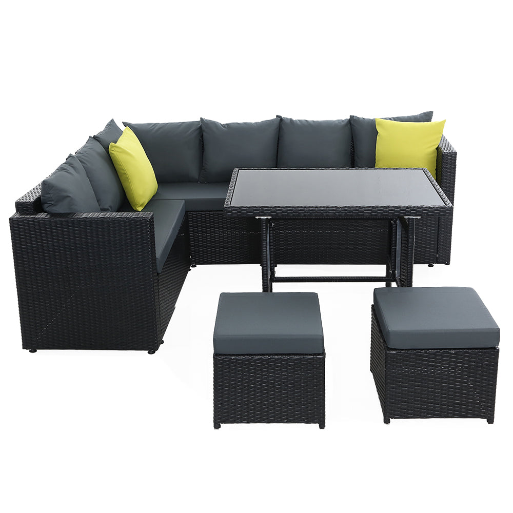 Outdoor Aluminum Dining Table and Wicker Chairs Set - Black