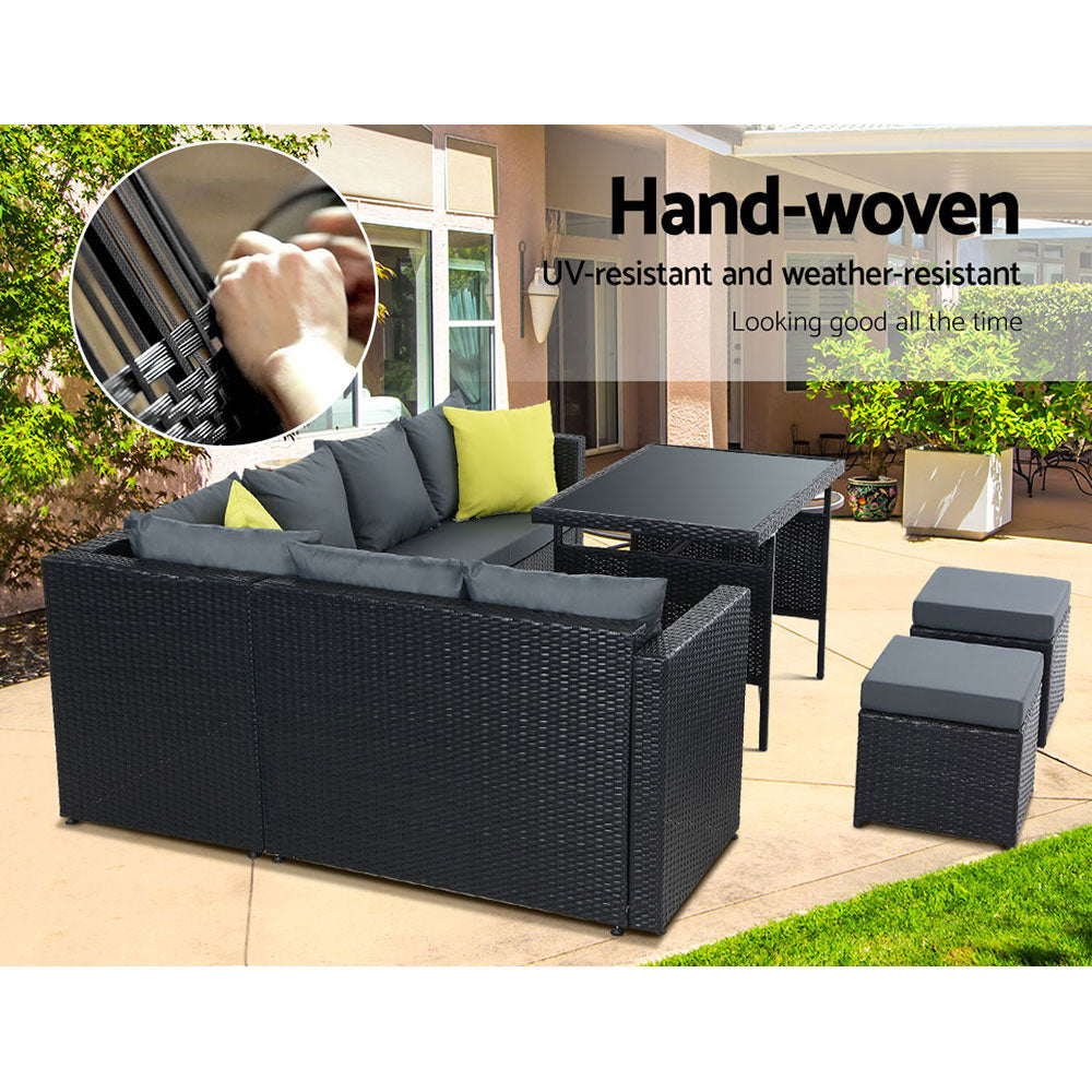 Outdoor Aluminum Dining Table and Wicker Chairs Set - Black