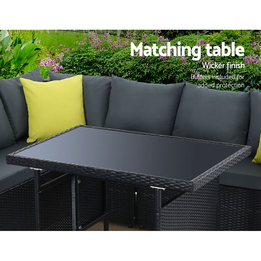 Outdoor Aluminum Dining Table and Wicker Chairs Set - Black