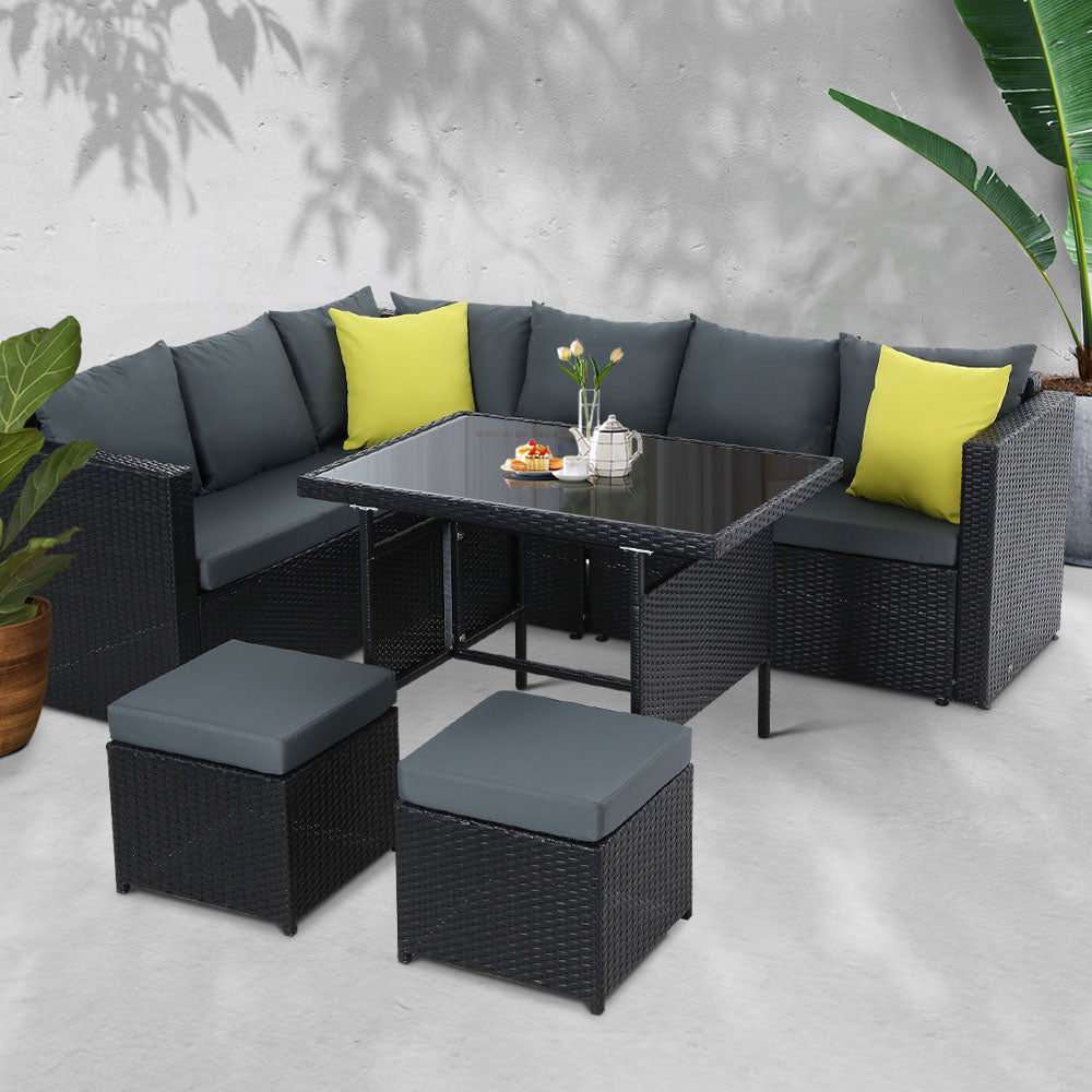 Outdoor Aluminum Dining Table and Wicker Chairs Set - Black