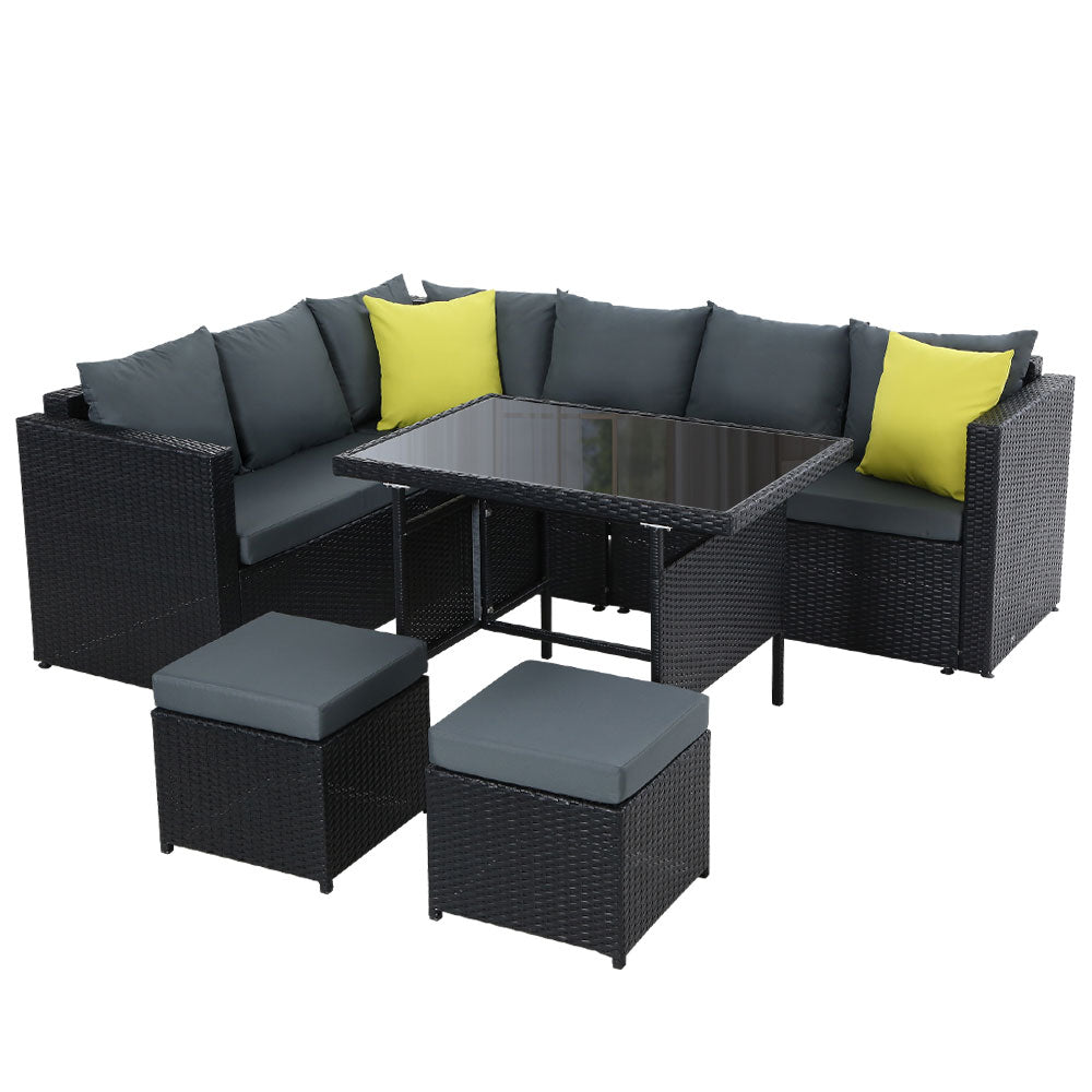 Outdoor Aluminum Dining Table and Wicker Chairs Set - Black