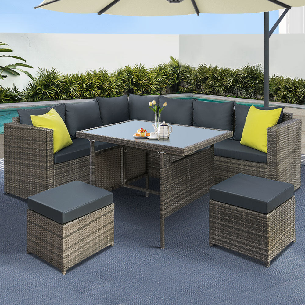 Outdoor Aluminum Dining Set with Wicker Table and Chairs - Grey
