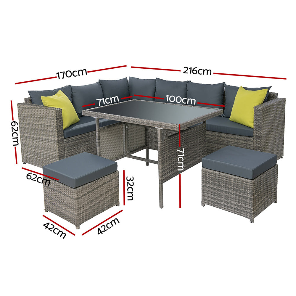 Outdoor Aluminum Dining Set with Wicker Table and Chairs - Grey