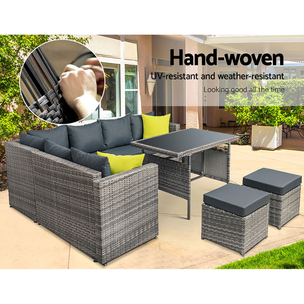 Outdoor Aluminum Dining Set with Wicker Table and Chairs - Grey