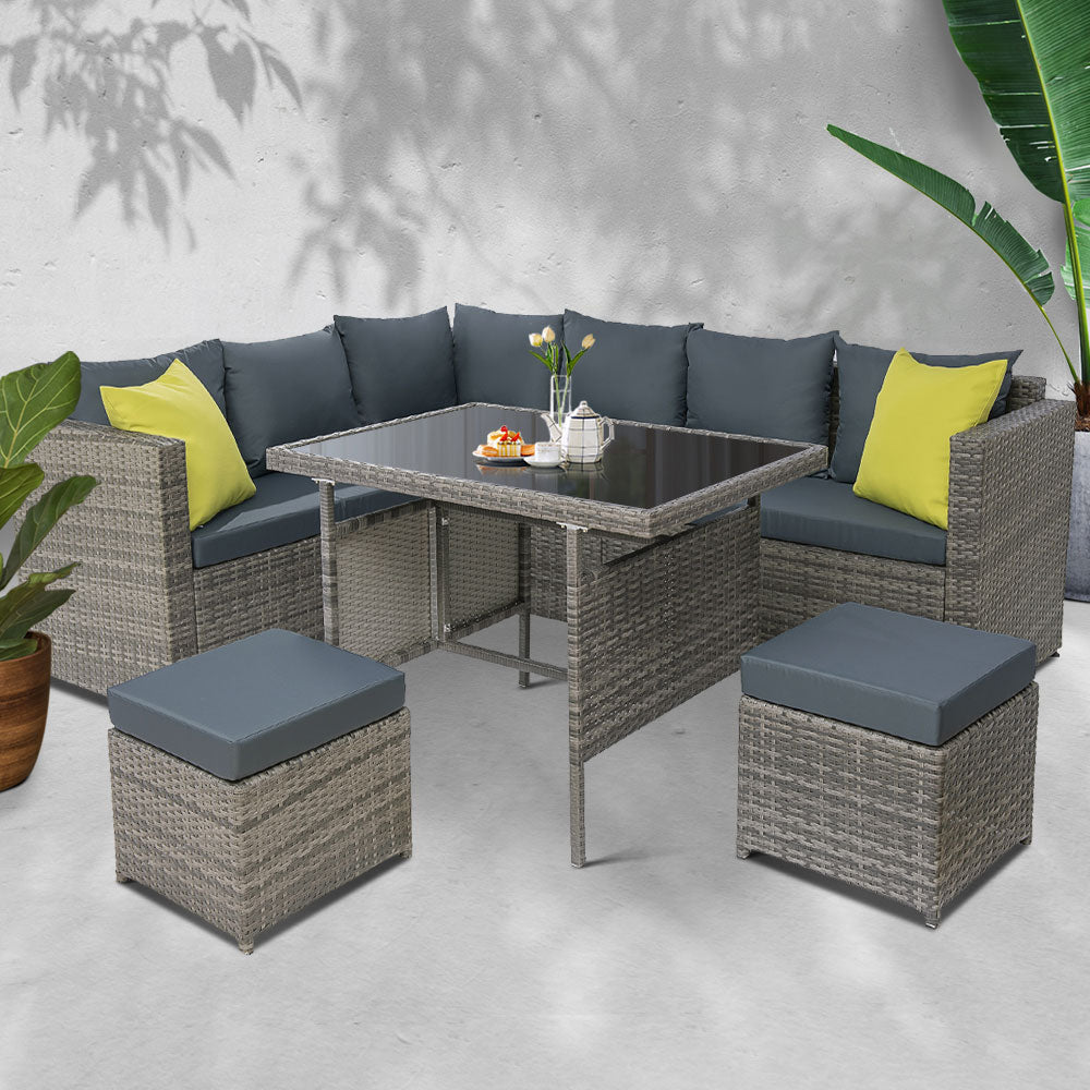 Outdoor Aluminum Dining Set with Wicker Table and Chairs - Grey
