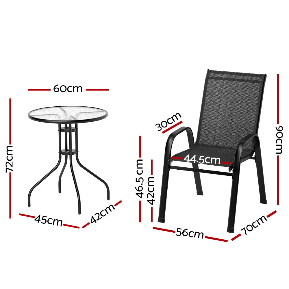 3PC Outdoor Stackable Bistro Set with Table and Chairs - Black