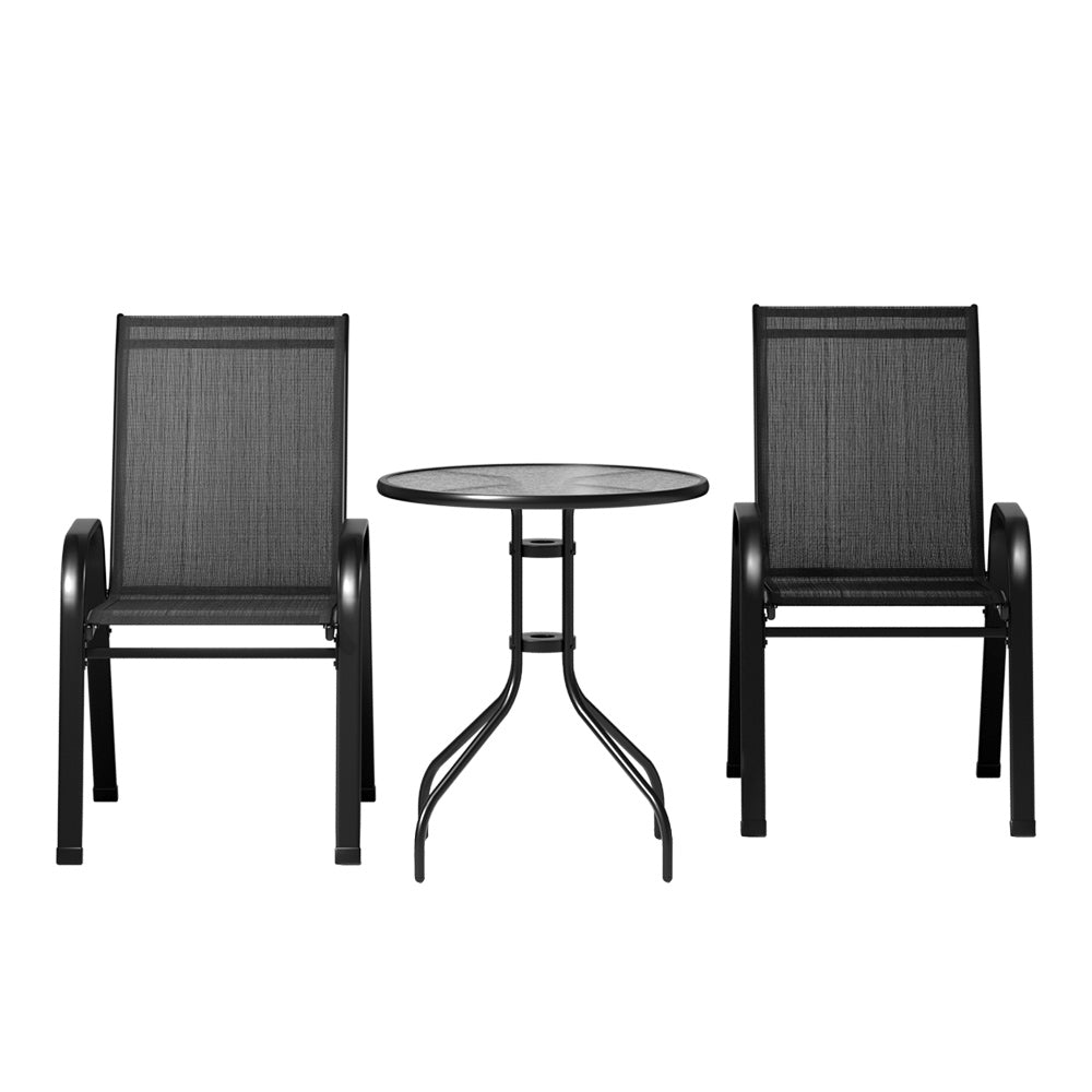 3PC Outdoor Stackable Bistro Set with Table and Chairs - Black