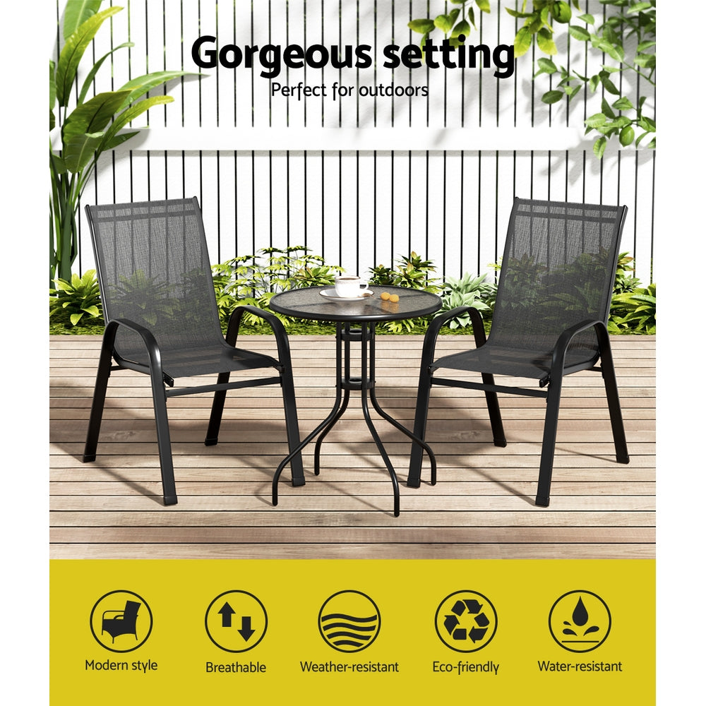 3PC Outdoor Stackable Bistro Set with Table and Chairs - Black