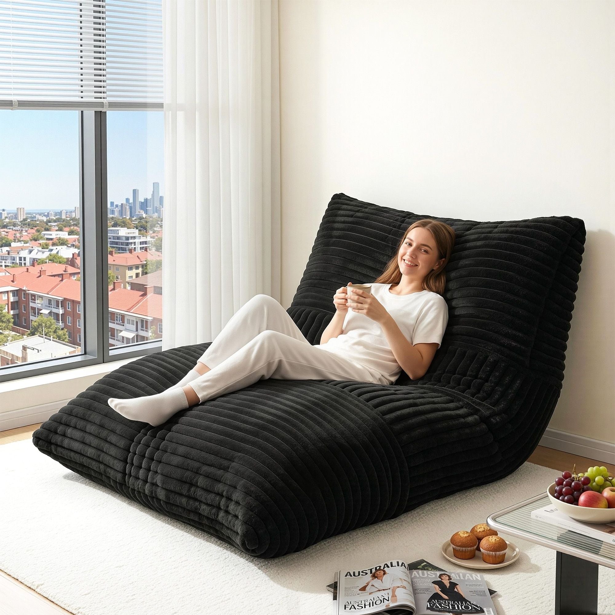 3-in-1 Bean Bag Chair for Living Room Convertible Floor Sofa Dark Grey