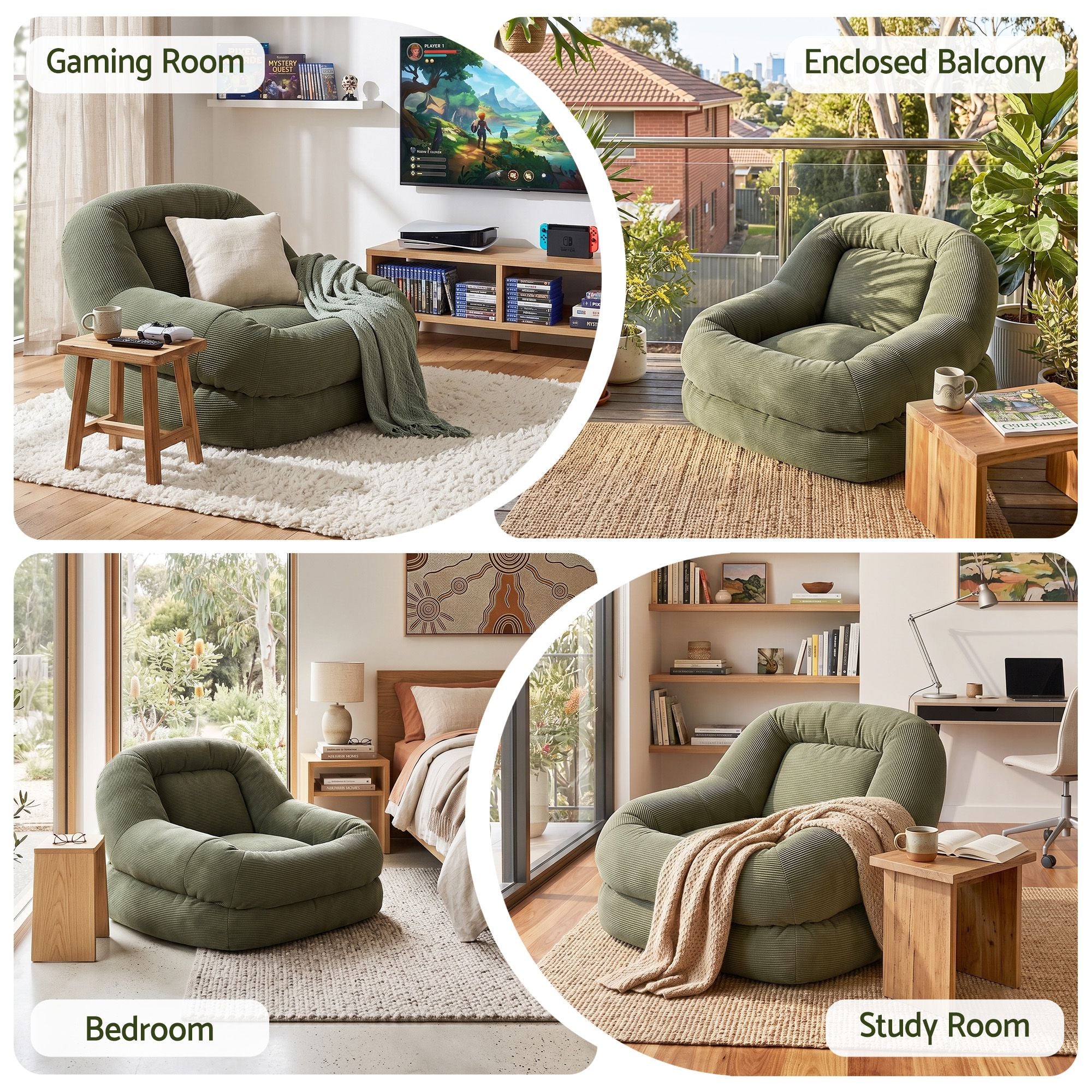Armchair Floor Chair Couch Recliner 1 Seater Cloud Chaise Lounge Corduroy Green
