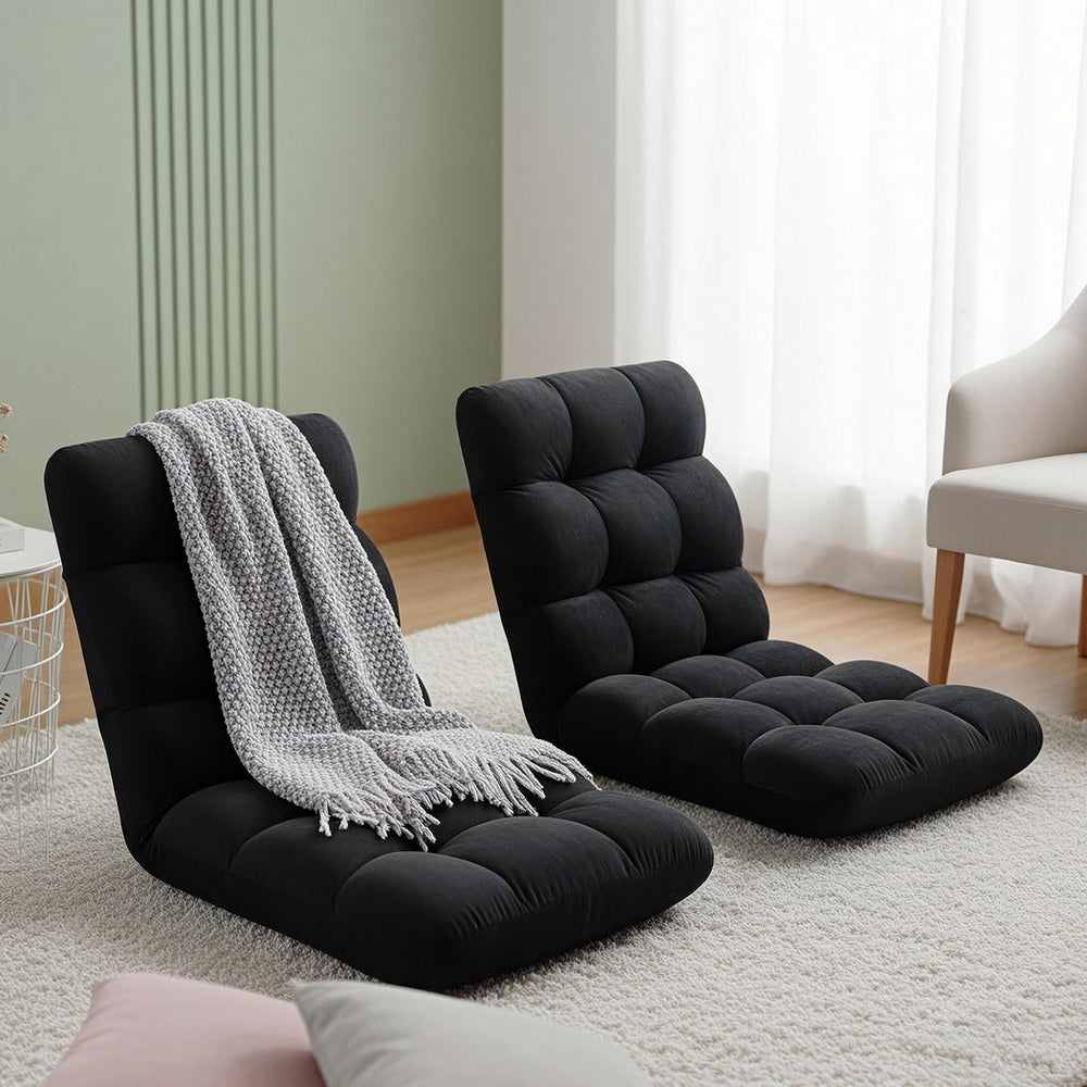 2X Lounge Sofa Bed Flannel Fabric Black