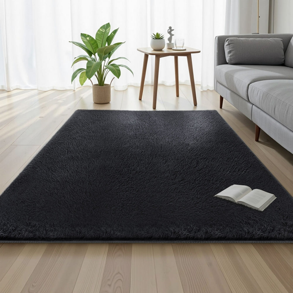 Floor Rug 140x200cm Plush Area Shaggy Rug Living Room Bedroom Carpet Black