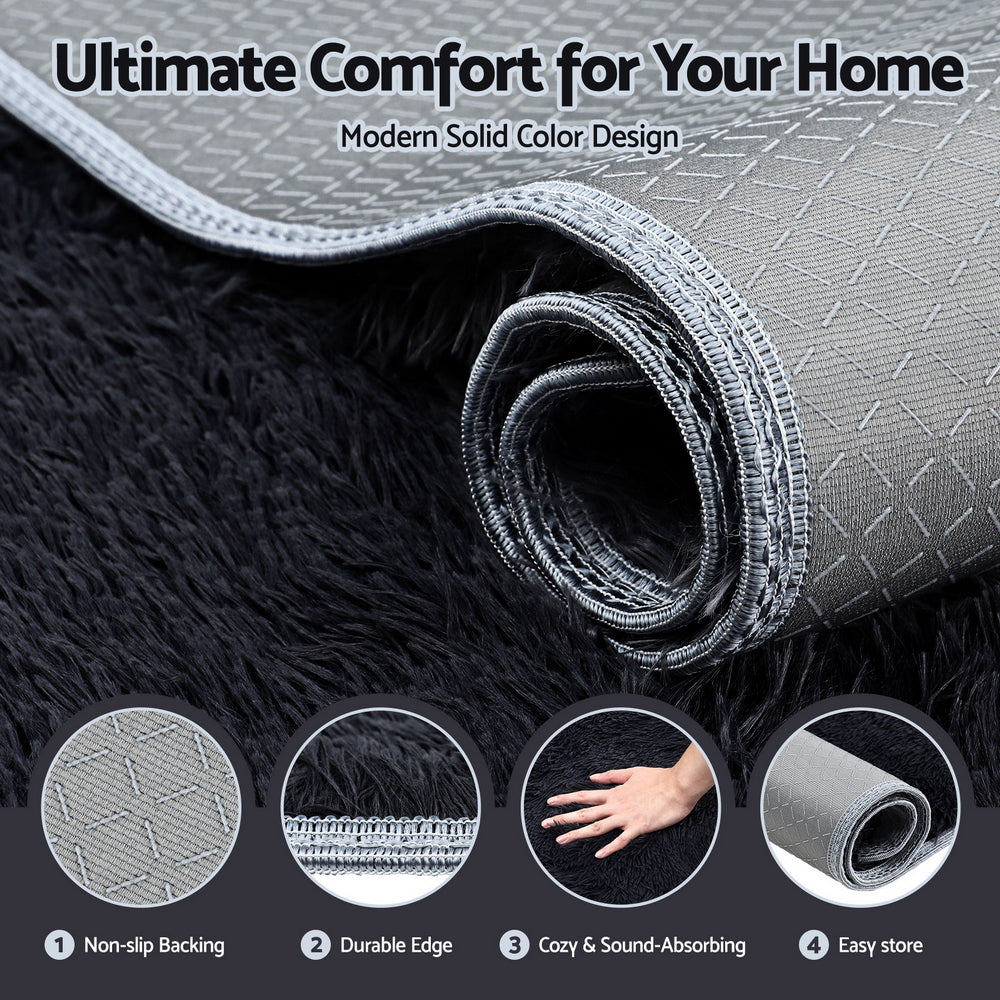 Floor Rug 160x230cm Plush Area Shaggy Rug Living Room Bedroom Carpet Black
