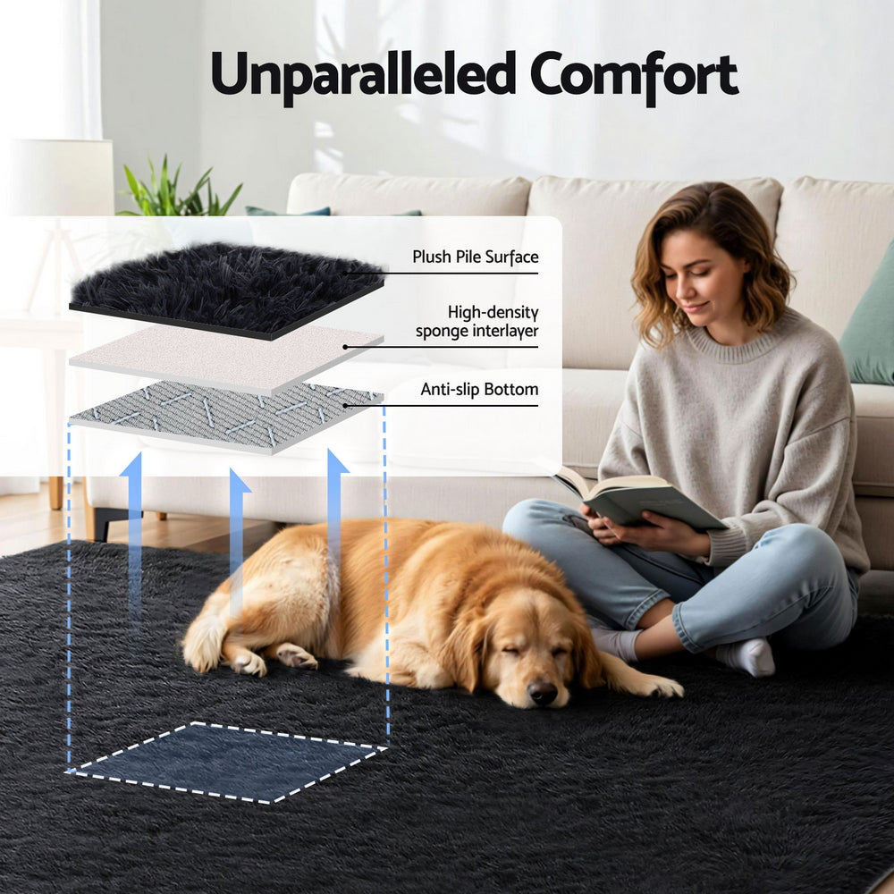 Floor Rug 200x290cm Plush Area Shaggy Rug Living Room Bedroom Carpet Black