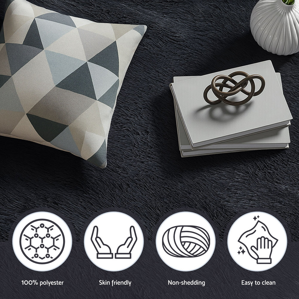 Floor Rug 200x290cm Plush Area Shaggy Rug Living Room Bedroom Carpet Black