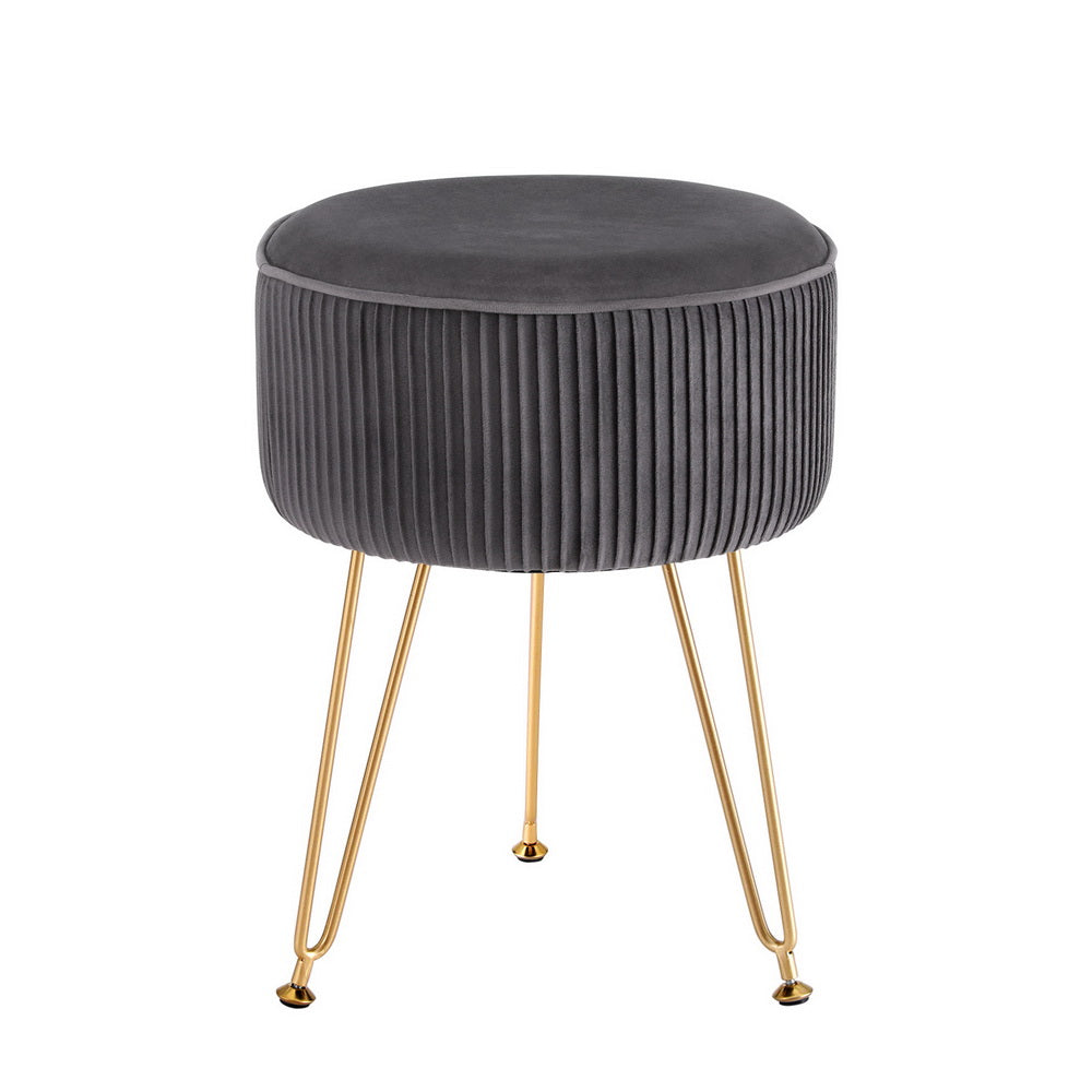 Ottoman Foot Stool Velvet Stripe Round Grey