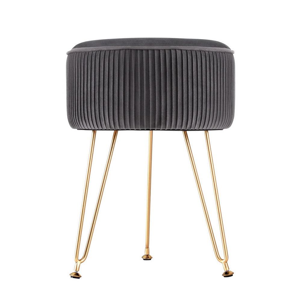 Ottoman Foot Stool Velvet Stripe Round Grey