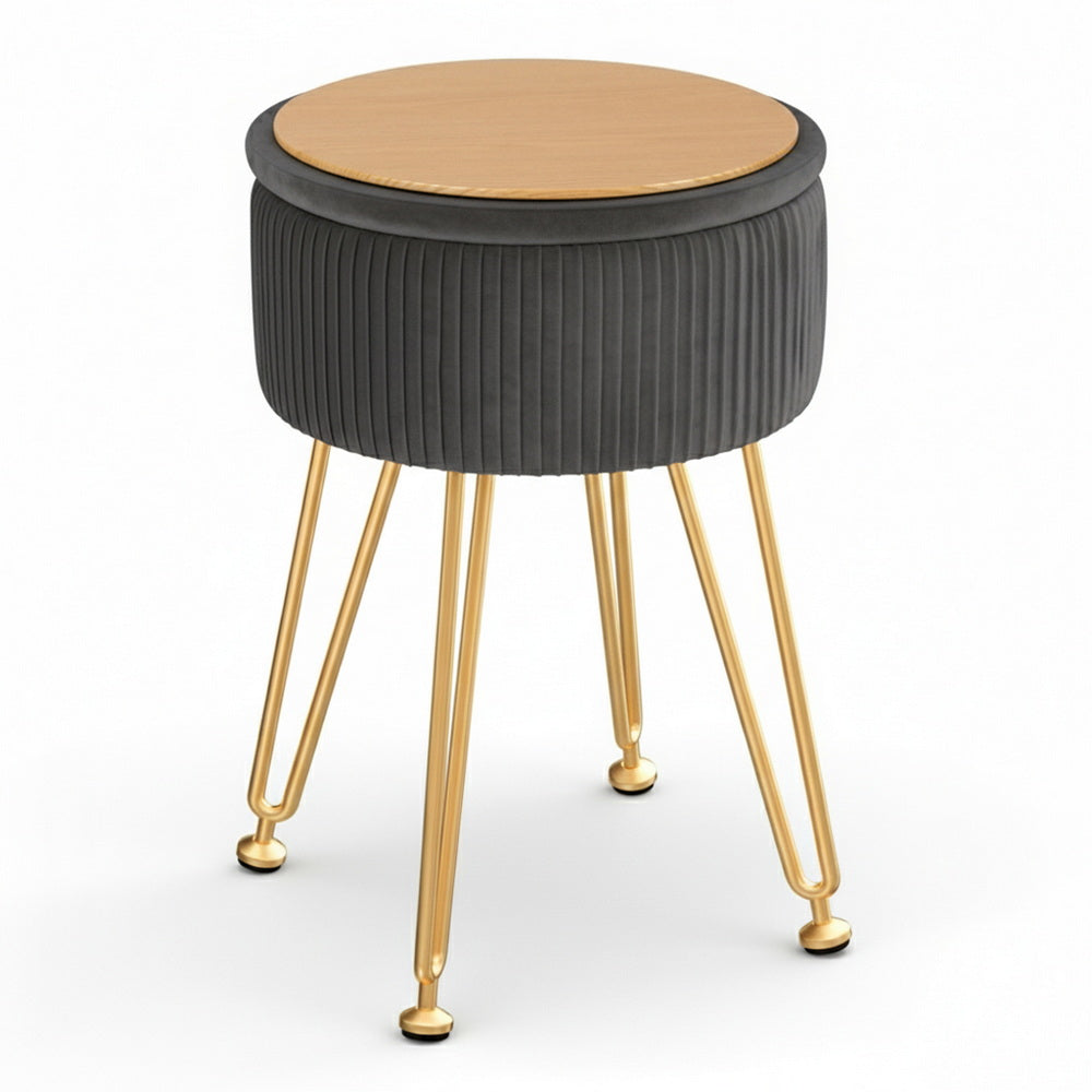 Ottoman Storage Foot Stool Vanity Velvet Round Grey