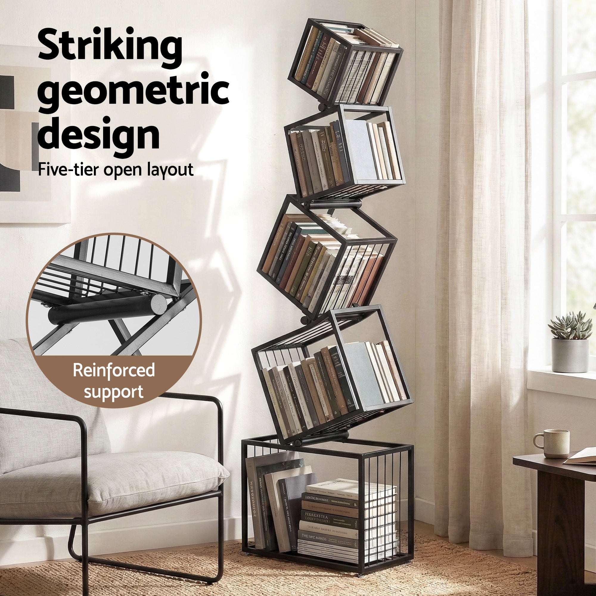 5-Tier Bookshelf Metal Geometric Display Shelf Storage Organizer Black