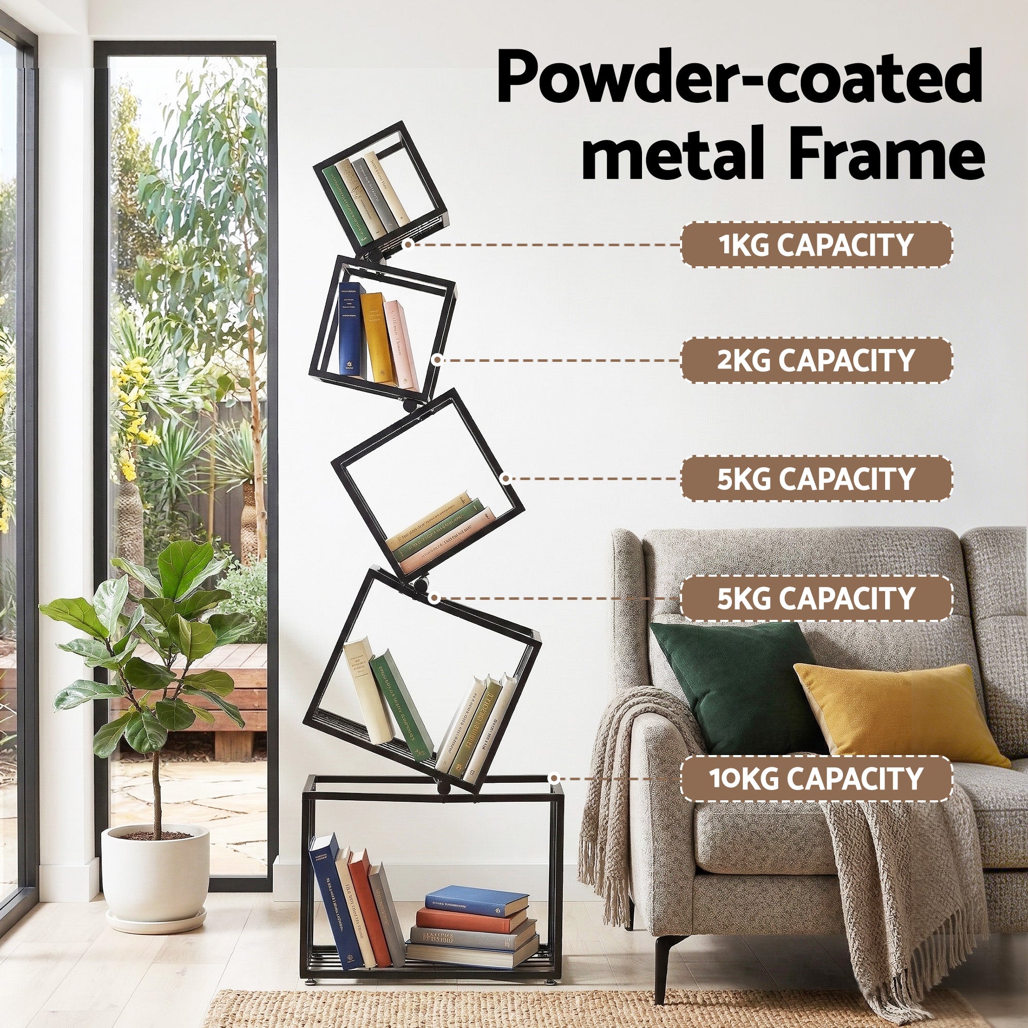 5-Tier Bookshelf Metal Geometric Display Shelf Storage Organizer Black